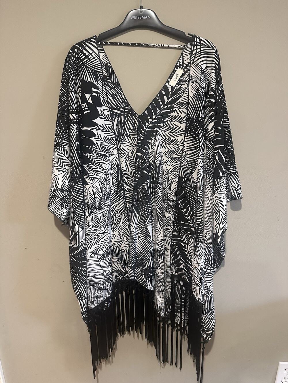 ODDI Black White Botanical Floral Fringe Kimono Boho Poncho Cover Up